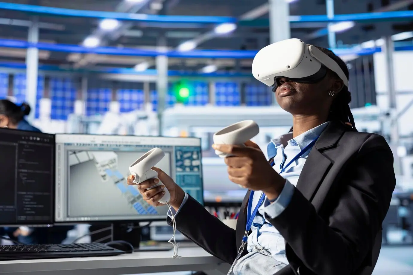 An engineer at a photovoltaics factory using virtual reality equipment.