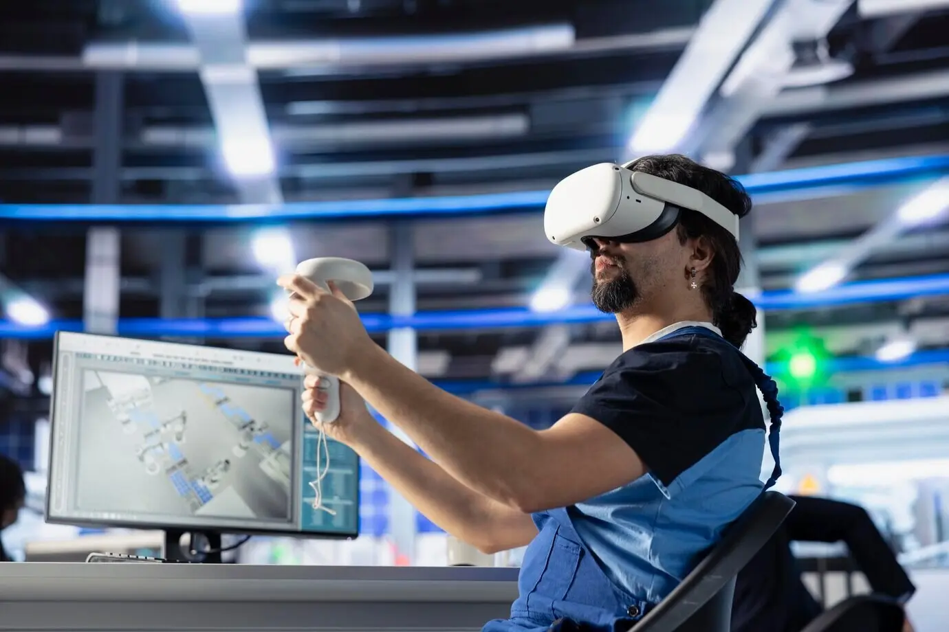 A staff member at a solar panel plant uses virtual reality equipment.