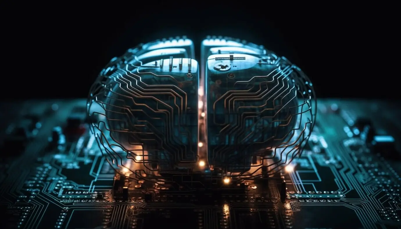 AI-generated depiction of complex technology: a glowing circuit board inside a modern computer.
